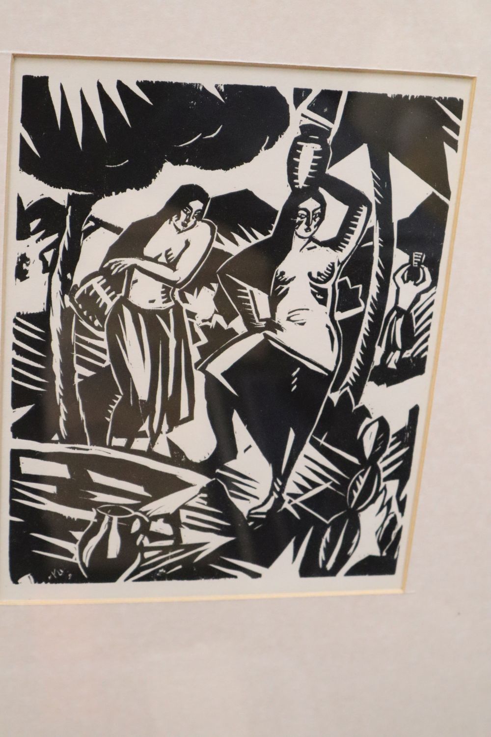 Evarist Adam Weber (1887-1968), woodcut, Am Brunnen, inscribed verso, 22 x 17cm and a linocut by Heinke Jenkins, Glass House, 1966,